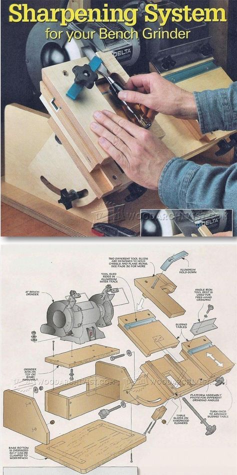 Bench Grinder Tool Rest Plans - Sharpening Tips, Jigs and Techniques | <a href="http://WoodArchivist.com" rel="nofollow" target="_blank">WoodArchivist.com</a> Family Projects, Bench Grinder, Sharpening Tools, Wood Shop Projects, Emerald Rings, Shop Projects, Homemade Tools, Wood Tools, Shop Tools