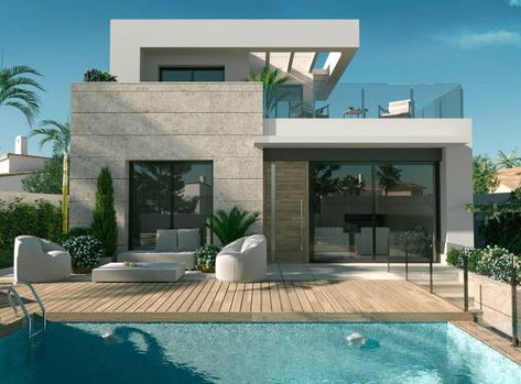 Villa - New Build - Ciudad Quesada - Dona Pepa Pool Front Of House, Small Villa Exterior, Modern House Design With Pool, Beach House Villa, Modern Villa Exterior Facades, Modern House With Pool, Thailand Villa, Small Modern Beach House, Small Modern Villa Design