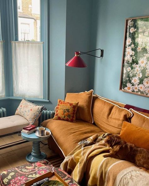 Colorful Maximalist Interior Design, Parisian Bohemian Decor, Color Theory Interior Design, Colorful Mediterranean Interior, Warm Blue Living Room, Soho Home Bedroom, Blue And Green Room, Eclectic Mid Century Modern, Living Room Drawing