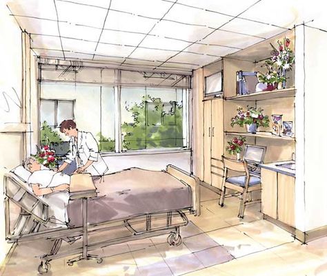 Hospital Scene Drawing, Hospital Room Illustration, Patient Room Interior Design, Hospital Sketch Drawings, Hospital Room Drawing, Hospital Sketch, Hospital Drawing, Drawing Room Concept, Room Perspective