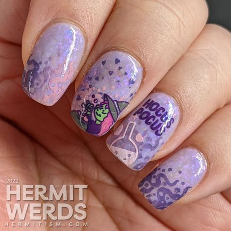 Easy Hocus Pocus Nails, Winifred Sanderson Nails, Love Potion Nails, Cauldron Nail Art, Hocus Pocus Nail Art, Hocus Pocus Nails, Witch Nails, Pink Polish, Halloween Nail Designs