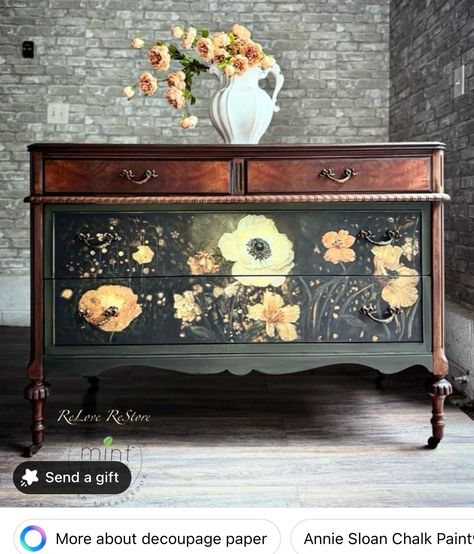 Redoing Dressers Ideas, 6 Drawer Dresser Makeover, Botanical Furniture, Diy Painted Dresser, Paint Dresser Diy, Decoupage Dresser, Thrift Furniture, Vintage Hand Painted Furniture, Refinished Dresser