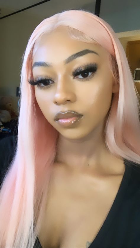 Light Pink Hairstyles, Light Pink Hair Black Women, Light Pink Wigs For Black Women, Platinum Pink Hair, Icy Pink Hair, Baby Pink Wigs For Black Women, White Pink Hair, Pink And Silver Lace Front Wig, Light Pink Hair Color