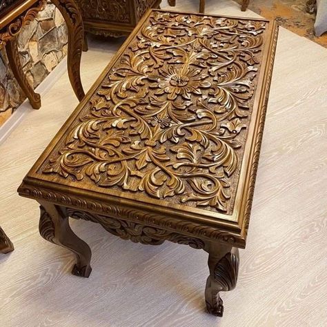 Wood Carved Table, Haveli Interior, Curved Coffee Table, Carved Coffee Table, Centre Table Design, Tea Table Design, Hand Carved Furniture, Wood Carving Furniture, Wood Bed Design