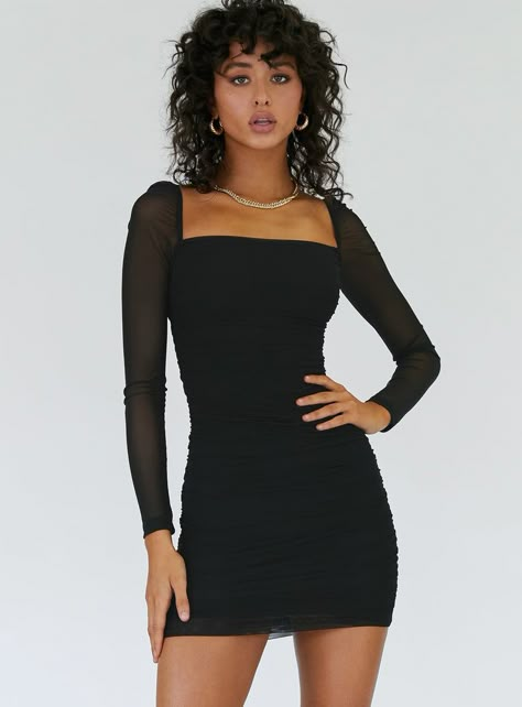 Charvi Long Sleeve Mini Dress Black Black Dress With Sheer Sleeves, Outfit Formal Mujer, Black Dress Long Sleeve, Dress With Sheer Sleeves, Black Dress Long, Black Long Sleeve Mini Dress, Hoco Ideas, Vegas Dresses, Winter Formal Dresses