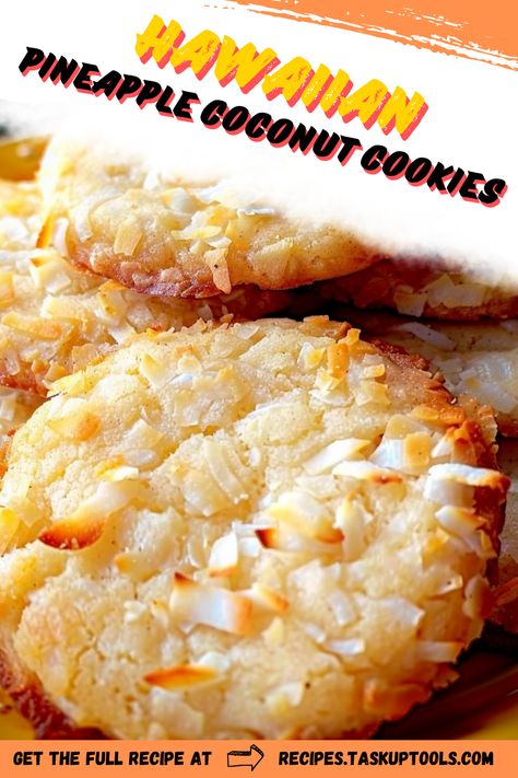 Experience the tropical delight of Hawaii at your fingertips with these Hawaiian Pineapple Coconut Cookies. Each bite offers a fusion of sweet pineapples and aromatic coconut that transports you to sandy beaches and sunny days. Perfect for a midday treat or dessert, these cookies are a must-try for every foodie. Explore our easy-to-follow recipe and create your own paradise in a cookie! #HawaiianCookies #PineappleCoconut #TropicalDelight #HomemadeBake #Foodie Hawaiian Almond Cookies Recipes, Hawaiian Pineapple Coconut Cookies, Hawaii Cookies Recipes, Hawaiian Pineapple Cookies, Pineapple Cookies Easy, Pineapple And Coconut Recipes, Hawaiian Christmas Desserts, Hawaii Desserts Easy Recipes, Pineapple Upside Down Cookies Recipe