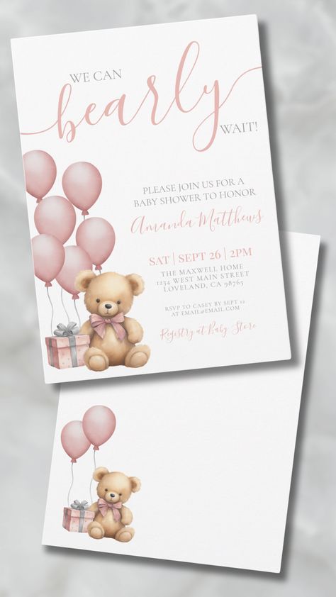 Watercolor Cute Pink Balloon Teddy Bear Baby Girl We Can Bearly Wait Girl Baby Shower Invitation Baby Girl Bear Shower Ideas, Girl Bear Baby Shower Theme, We Can Bearly Wait Baby Shower Theme Girl, Teddy Bear Baby Shower Theme Girl, Balloon Teddy Bear, Teddy Bear Baby Shower Theme, Watercolor Balloons, Bear Baby Shower Theme, Teddy Bear Theme