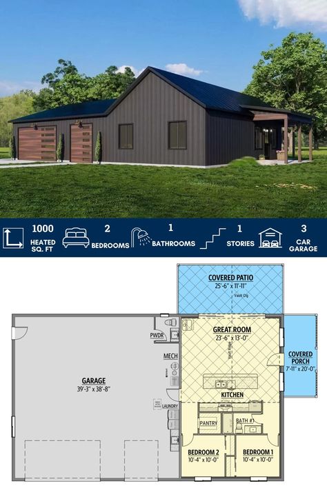 Rustic Shop House with Vaulted Great Room and Covered Outdoor Spaces House With Shop Attached, House With Shop, Kitchen With Long Island, Vaulted Great Room, Barndominium Plans, 1000 Sq Ft, House Plan Gallery, 2 Bedroom House, Shared Bedrooms