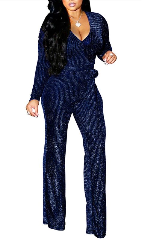 Women Casual Sexy V Neck Sparkly Jumpsuits Long Sleeve Onesie Loose Pants Jumpsuits Elegant, Cocktail Jumpsuit, Sparkly Jumpsuit, Pants With Belt, Jumpsuit Dressy, Jumpsuit Elegant, Disco Outfit, Knit Jumpsuit, Prom Outfits