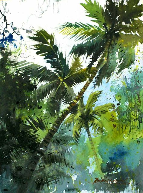 Foliage Painting Acrylic, Jungle Watercolor Painting, Jungle Drawing, Jungle Watercolor, Costa Rica Art, Watercolor Scenery, Tree Watercolor Painting, Palm Trees Painting, Palm Tree Art