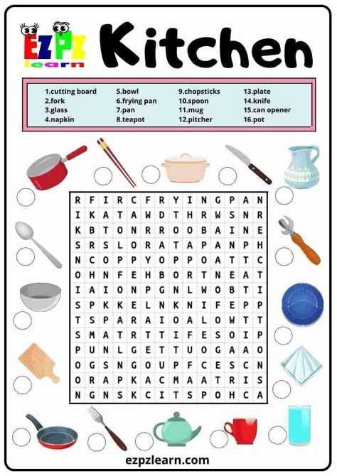 Free Printable English Game Word Search Topic Kitchen Worksheet For Kids ESL Teacher Resource Word Puzzles For Kids, Hello English, Kindergarten Phonics Worksheets, Grammar For Kids, English Activities For Kids, Learning English For Kids, English Games, English Worksheets For Kids, Phonics Kindergarten