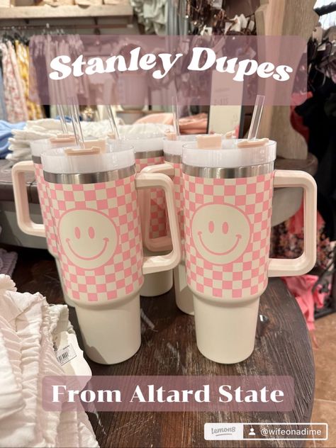 Stanley cup dupes!!! Smiley face cup. Smiley tumbler. Stanley tumbler. Checkered print cup. Smiley Stanley cup. Look for less. Cup with handle. Altar’d state. Smiley Face Cup, Preppy Gifts, Cute Coffee Cups, Checker Design, Cute Water Bottles, Stanley Tumbler, Checkered Print, Custom Cups, Printed Cups