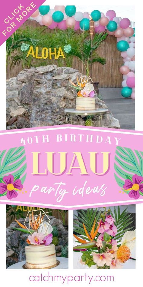 Take a look at this fabulous luau-themed 40th birthday party! The cake is amazing! See more party ideas and share yours at CatchMyParty.com #catchmyparty #partyideas #40thbirthday #40thbirthdayparty #luau #luauparty #tropicalsummer #summerparty Hawaiian 40th Birthday Party, 40th Luau Birthday Party, Luau 40th Birthday Party Ideas, Tropical 30th Birthday Party, Luau Party Cakes, Luau Birthday Party Ideas, Birthday Luau, Themed Recipes, Pineapple Birthday