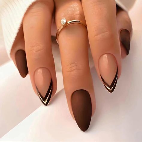 French Tip Press on Nails，Dark Brown Medium Pointed Almond Shape, Reusable Brown Nail Kit，24 PCS Amazon Affiliate Ongles Beiges, Latest Nail Designs, Colorful Nails, White Nail, Dark Nails, Fall Nail Art, Stick On Nails, Nail Designs Spring, Fall Nail Designs