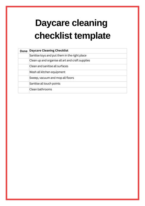 Daycare Cleaning Checklist Template: Childcare Cleaning App - Free Download Daycare Cleaning Checklist, Classroom Cleaning Checklist, Daycare Classroom, Cleaning Checklist Template, Church Nursery, Safe Environment, Nursery Inspo, Checklist Template, Business Organization