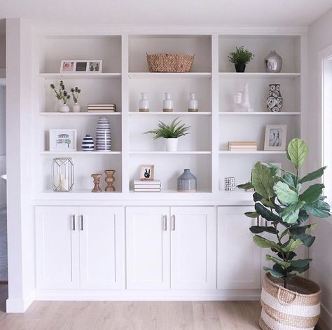 Book Shelve Decor Ideas, Glass Built In Shelves Living Room, Large Built In Shelves Living Room, Alcove Living Room, Livingroom Storage, Cabinets Living Room, Cupboard Living Room, White Bookcases, Apartemen Studio