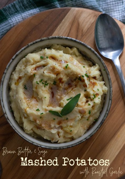 Browned Butter & Sage Mashed Potatoes with Roasted Garlic Brown Butter Mashed Potatoes, Roasted Mashed Potatoes, Making Potato Salad, Brown Butter Sage, Butter Mashed Potatoes, Cheese Mashed Potatoes, Perfect Mashed Potatoes, Crock Pot Potatoes, Homemade Mashed Potatoes