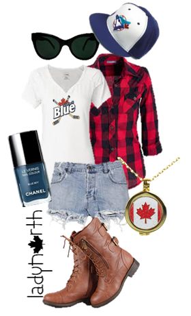 Canadian summer outfit by LadyNorth, bluejays, Labatt Blue, plaid, mapleleaf necklace Canadian Outfits Summer, Canada Day Outfit Summer, Canada Day Outfit, Labatt Blue, Canadian Summer, Beer Olympics, Beer Olympic, Cabin Chic, Canada Day