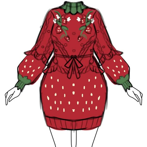 Sweater Dress Drawing, Food Inspired Outfits, Sweater Doodle, Strawberry Witch, Dresses And Sweaters, Strawberry Vine, Strawberry Romper, Strawberry Outfit, Animated Clothes