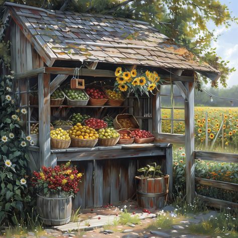 🍎 Farm Stand: Crafted from reclaimed wood, our stand exudes authenticity. Its roof, aged by seasons, shelters a delightful assortment of fruits and vegetables. Crisp apples, juicy lemons, and perhaps a few heirloom tomatoes await your selection. 🌼 Sunflower Bouquet: A burst of color graces the stand--a bouquet of sunflowers, their sunny faces turned toward the sun. Their petals mirror the field beyond, creating a harmonious tableau. 🍓 Red Berries: In a woven basket nearby, plump red berries s Diy Roadside Farm Stand, Farmstand Ideas, Cottagecore Farm, Farmers Market Stand, Farmers Market Display, Tiny Farm, Wooden Bucket, Produce Stand, Vegetable Stand