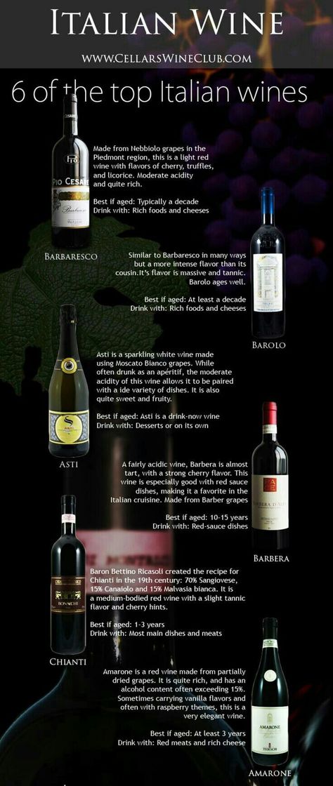 Six wine styles of Italy. see also 'Brunello' and 'Super Tuscan Toscana' Italian Wines Guide, Mediterranean Wine, Italian Wine Bar, Best Italian Wines, Wine Chart, Wine Facts, Unique Wine Glasses, Italian Wines, Wine Flavors