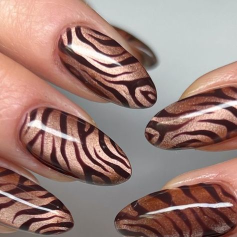 JMoneyNails on Instagram: "@icegel_japan brown cat eye with brown tiger stripes 😎😎😎. I got this color in Japan back in April and hadn’t used it yet! 🇯🇵 #nails #nailart #nyc #nycnails #handpainted #brooklyn #cateye #magnetgel #brooklyn" Cat Eye Brown Nails, Tigers Eye Nails, Tiger Stripe Nails, Brown Cat Eye, Tiger Nails, Nyc Nails, Brown Tiger, Striped Nails, Brown Cat