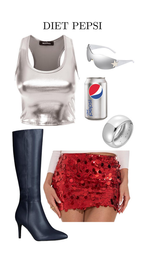 Diet Pepsi-themed Halloween costume featuring a metallic silver crop top, oversized silver ring, reflective star-shaped sunglasses, red sequin mini skirt, black knee-high boots, and a can of Diet Pepsi Diet Pepsi Halloween Costume, Diet Pepsi Costume, Pepsi Costume, Silver Halloween Costume, Bday Party Outfit, Outfit Ideas Halloween, Max Costume, Solo Costume Ideas, Outfit Styling Ideas