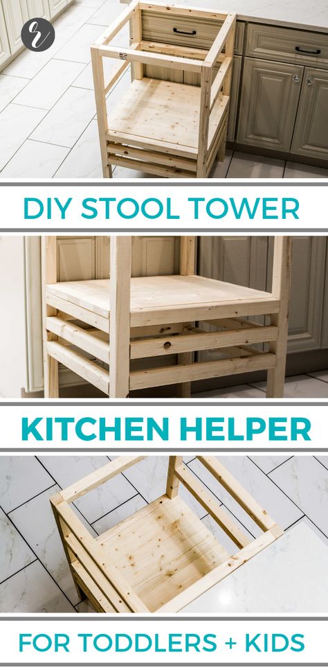 Kitchen Stools Diy, Kitchen Helper Stool, Toddler Kitchen Stool, Helper Stool, Diy Kids Kitchen, Toddler Kitchen, Kitchen Step Stool, Diy Stool, Baby Nursery Diy