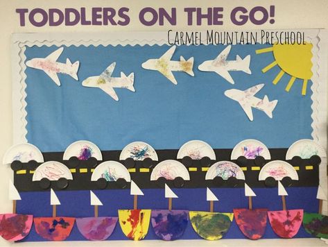 Our toddlers are certainly on the go! Fun way to incorporate a week long lesson onto one bulletin board. Transport Board Ideas, Transportation Bulletin Board, Toddler Classroom Decorations, Preschool Bulletin Board, Toddler Bulletin Boards, Preschool Transportation, Transportation Preschool Activities, Transportation Theme Preschool, Preschool Boards