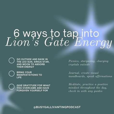 Happy #lionsgateportal! 8/8 is a powerful day for #manifestation so make sure you don’t miss out on harnessing the energy of today ✨ Especially for my fellow Leos 🦁 who are dealing with the absolute rudeness of dealing with #mercuryretrograde during OUR season ❤️‍🔥 The Lion's Gate Portal occurs when the Earth, the star Sirius, and Orion are in alignment, opening a powerful energy portal that can be used for spiritual healing, manifesting, and more. This shift provides you with a chance to a... Energy Portal, Star Sirius, Sirius Star, Desired Reality, Powerful Energy, Abundance Mindset, Mercury Retrograde, Forgiving Yourself, Healing Journey