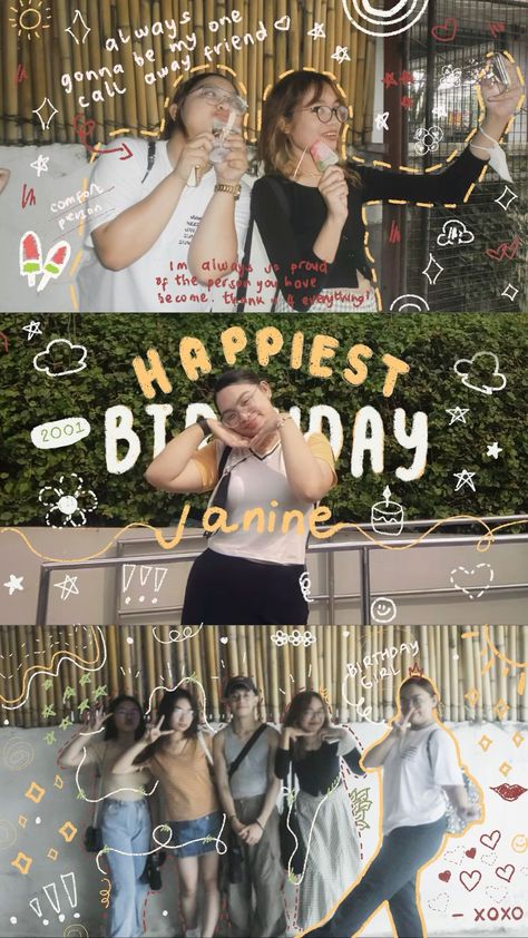 Janine’s day! Bday Edits Instagram, Birthday Greetings Aesthetic, Birthday Story Post Ideas, Insta Story Ideas Two Photos, Instagram Post Doodle Ideas, Bday Collage Ideas, Ig Story For Birthday, Birthday Greetings Ig Story Ideas, Aesthetic Instagram Birthday Story