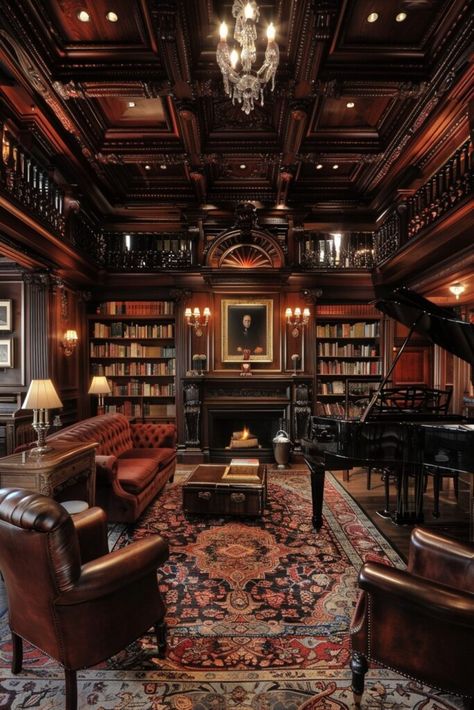 Literary Salon Dark Academia Hallway, Academia Library Aesthetic, Dark Academia Mansion, Small Japanese House, Dark Academia Interior, Vintage Dark Academia, Cozy Home Library, Luxury Mansions Interior, Library Designs