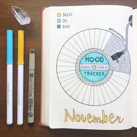 Sabrina’s Bullet Journal on Instagram: “To go along with my music theme for November, I created a vinyl record mood tracker! 🎵 I wanted to keep this month’s spread simple and use…” Bullet Journal For Kids, Music Doodles, Bullet Journal Calendrier, Journals Ideas, Bullet Journal Christmas, March Bullet Journal, Bullet Journal 2020, Bullet Journal 2019, Music Journal