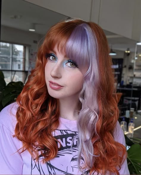 Lilac And Ginger Hair, Half Orange Half Purple Hair, Ginger And Lavender Hair, Copper And Lavender Hair, Ginger Purple Hair, Dyed Hair Patterns, Copper And Purple Hair, Ginger And Purple Hair, Ginger Hair With Pink Highlights