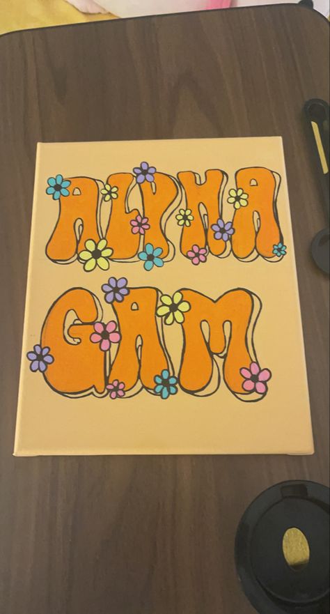 Yellow Sorority Canvas, Alpha Gam Paintings, Sorority Letters Painted Ideas, Aphi Paintings, Sorority Art Canvases, Cute Sorority Paintings, Big Little Signs, Alpha Gamma Delta Canvas, Big Little Paintings Sorority