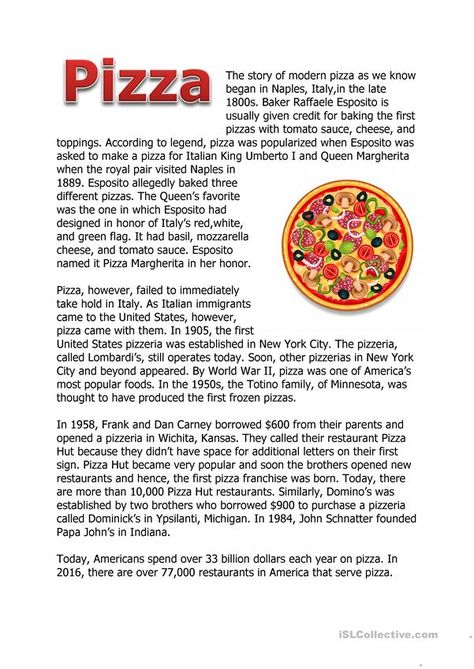 Pizza Worksheet, History Of Pizza, Reading Comprehension Texts, Esl Reading, English Stories For Kids, English Learning Books, Reading Comprehension Lessons, About History, English Story