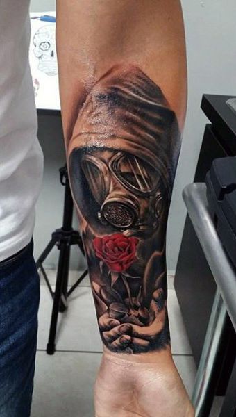 Guys Wrist Tattoo Of Man In Gas Mask Holding Red Color Rose Flower Tattoos Arm Mann, Actress Lifestyle, Gas Mask Tattoo, Mask Tattoo, Full Sleeve Tattoos, Diy Tattoo, Badass Tattoos, Best Sleeve Tattoos, Tattoo Life