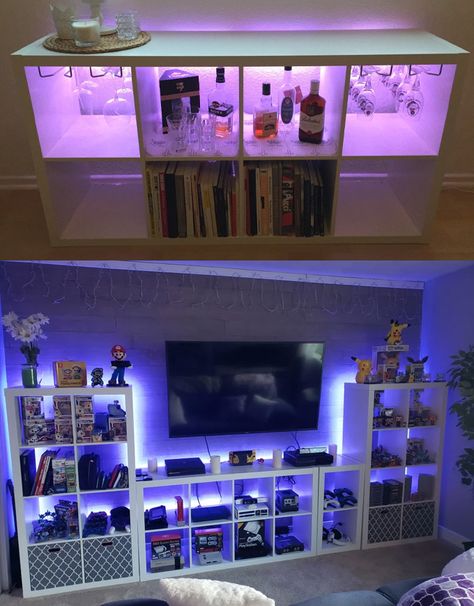 Small Office Hangout Room Ideas, Kallax Gaming Setup, Kallax Video Game, Gaming Room Setup Basement, Kallax Game Room, Ikea Kallax Gaming Room, Small Bedroom Game Room Ideas, Video Game Basement, Ikea Game Room