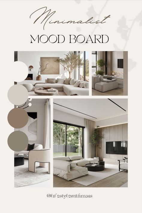 Minimalist Style Interior Design Mood Board, Mood Board Minimalist Interior, Home Color Mood Board, Serene Mood Board, House Decor Mood Board, Minimalism Moodboard Interior, Minimalist Living Room Mood Board, Minimalist Interior Moodboard, Modern House Mood Board