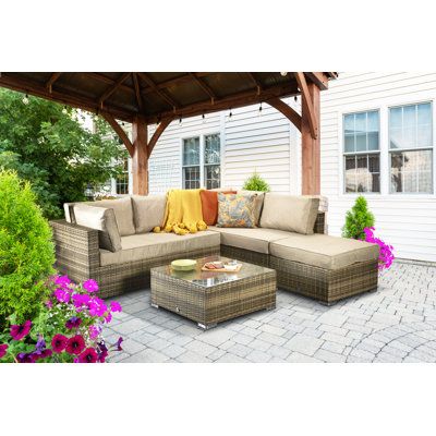 Outdoor Design Photo by Wayfair Inspirations | Wayfair.co.uk Corner Sofa And Coffee Table, Corner Sofa Garden, Savannah Brown, Corner Sofa With Cushions, Brown Corner Sofas, Metal Garden Furniture, Brown Nature, Rattan Corner Sofa, Square Sofa