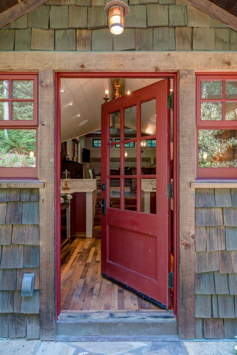 Rustic Cabin Exterior, Cabin Front Door, Red Windows, Cabin Windows, Rough Hewn Wood, Red Doors, Rustic Front Door, Red Front Door, Cabin Doors