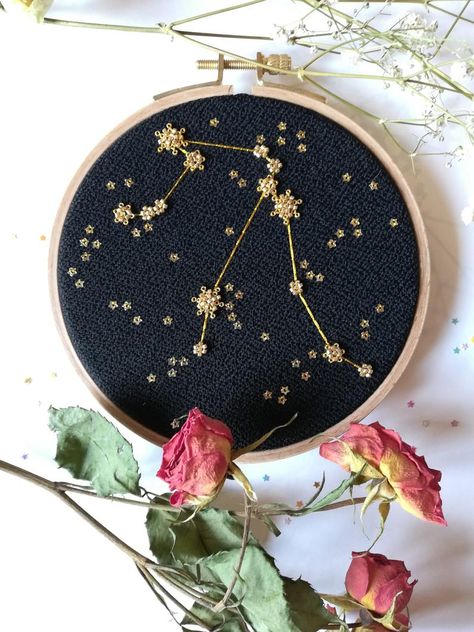 Last Minute Wedding Gifts, Zodiac Artwork, Light Wood Frame, Thread Beads, Blue Fabrics, Aquarius Constellation, Last Minute Wedding, Golden Thread, Progress Pictures