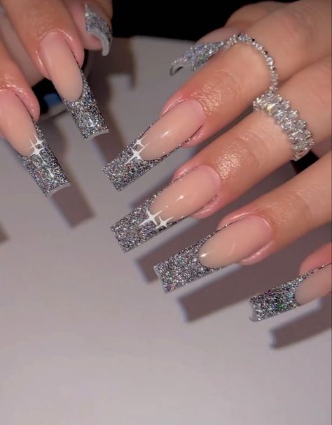 Silver Bottom Nails, Glitter French Tips Long, Prom Nails Emerald Green And Silver, Long Acrylic Nails Silver, Silver And Black Nails Ideas, Nails Prom Silver, Sliver Nails Ideas, Silver Birthday Nails, Long Prom Nails