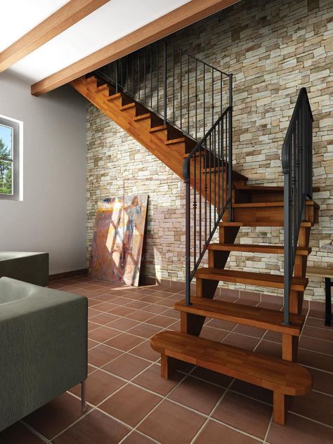 Quarter-turn staircase with a lateral stringer (wooden frame and ... Quarter Turn Stairs, Quarter Turn Staircase, French Stairs, Turn Staircase, Curtain Designs Living Room, L Shaped Stairs, Rustic Staircase, Charcoal Walls, Types Of Stairs