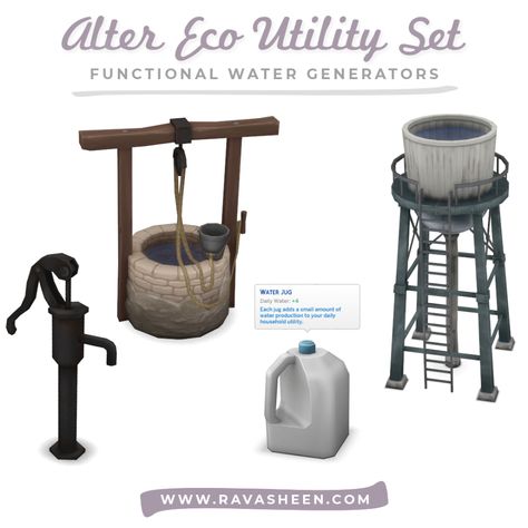 cc finds to blow your mind • ravasheencc: Alter Eco Utility Set This set... Sims 4 Decades Challenge, Sims Medieval, Sims 4 Mm Cc, Sims 4 Cc Folder, Sims 4 Mm, Sims 4 Cc Packs, Sims 4 Cc Furniture, Eco Living, Sims 4 Build