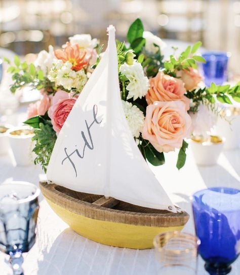 nautical themed centerpieces, wood blocks and boat table numbers (photo by IG: @mirellecarmichaelphoto) Nautical Wedding Centerpieces, Nautical Wedding Reception, Martha Weddings, Boat Wedding, Nautical Wedding Theme, Beach Wedding Favors, Seaside Wedding, Coastal Wedding, Martha Stewart Weddings