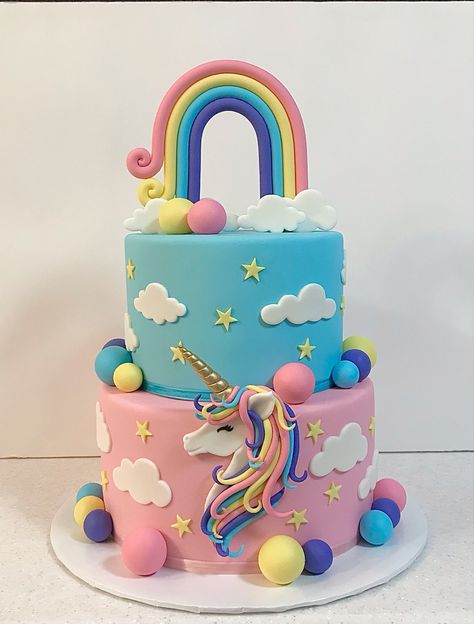 Unicorn Cake 2 Tier, 1st Birthday Cake Designs, Cake 2 Tier, 2 Tier Cake, Pastel Cakes, Tier Cake, 1st Birthday Cake, Cake Designs Birthday, Unicorn Cake