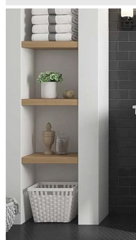 Alcove In Bathroom Wall, Bathroom Niche Ideas Built Ins Shelves, Bathroom Wall Niche Recessed Shelves, Bathroom Alcove Shelves, Bathroom Niche Ideas Built Ins, Recessed Shelves Bathroom, Bathroom Niche Ideas, Built In Bathroom Storage, Wall Niche Ideas