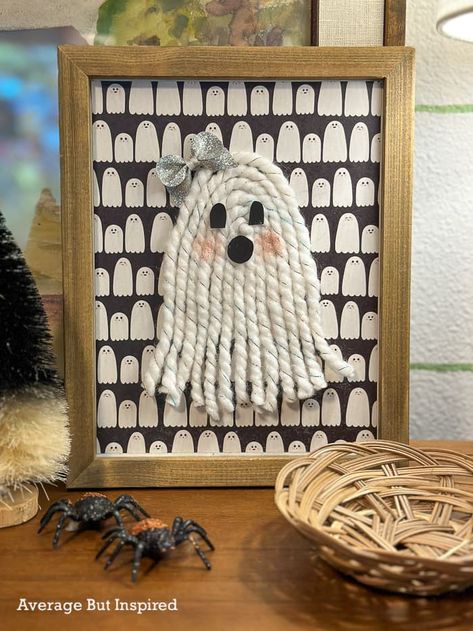 Macrame Ghost Diy, Diy Halloween Crafts For Adults, Yarn Ghost, Fall And Halloween Crafts, Macrame Ghost, Black Scrapbook Paper, Paper Bats, Halloween Fabric Crafts, Library Crafts