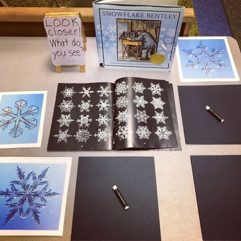 Snowflakes And The Start Of Story Workshop | Inquiring Minds: Mrs. Myers' Kindergarten | Bloglovin’ Winter Provocations, Winter Eyfs, Story Workshop, Snowman Activities, Snowflake Bentley, Kindergarten Themes, Snow Theme, Snow Activities, Preschool Winter